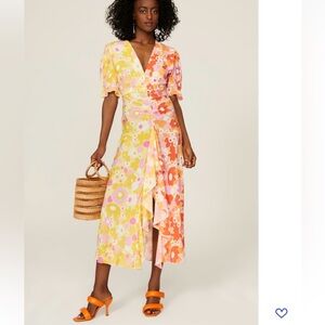 Rixo Ariel Colorblock Floral Midi Dress in Yellow & Pink XS